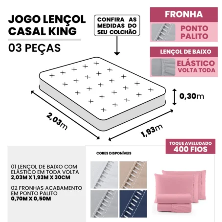 Jogo De Lençol e fronha casal King Size liso - Image 5